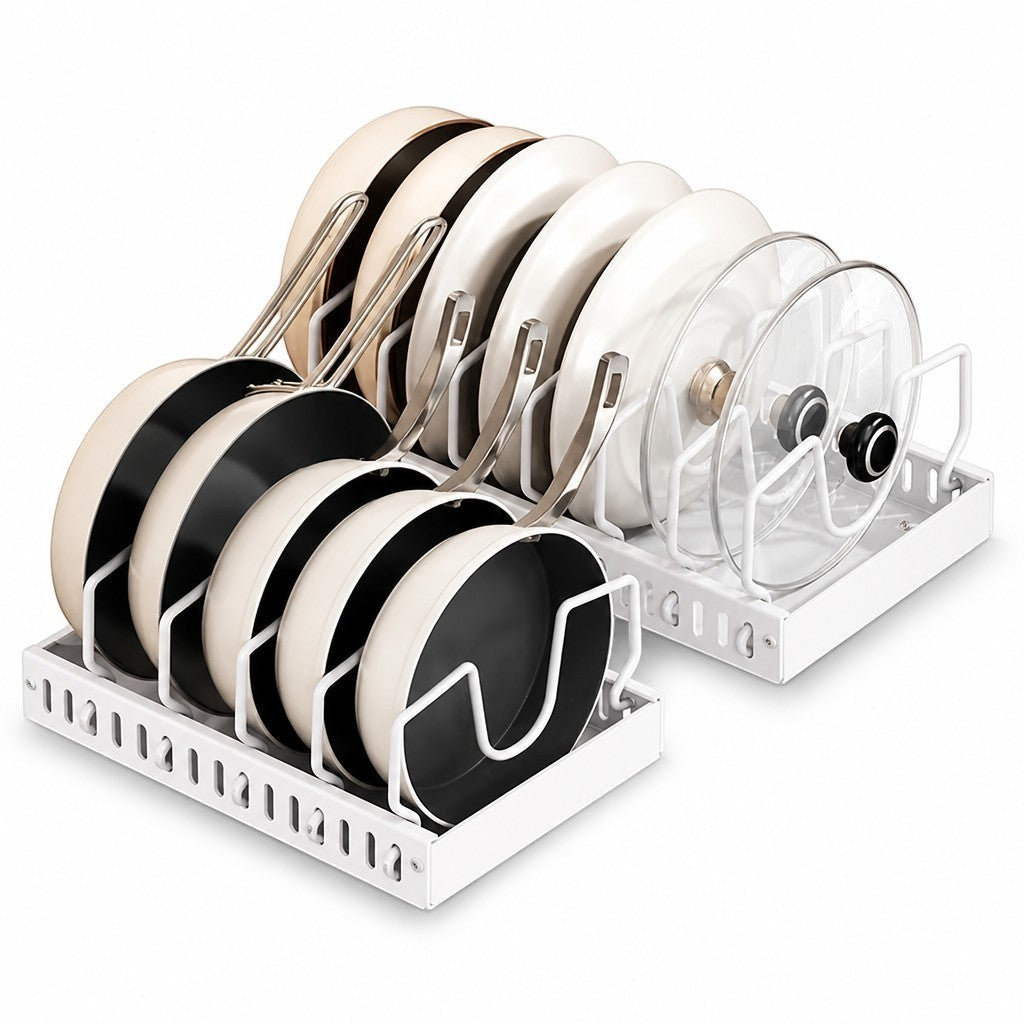 Simpson white carbon steel pull-out cabinet organizer holding various pots, pans, and glass lids in upright slots.